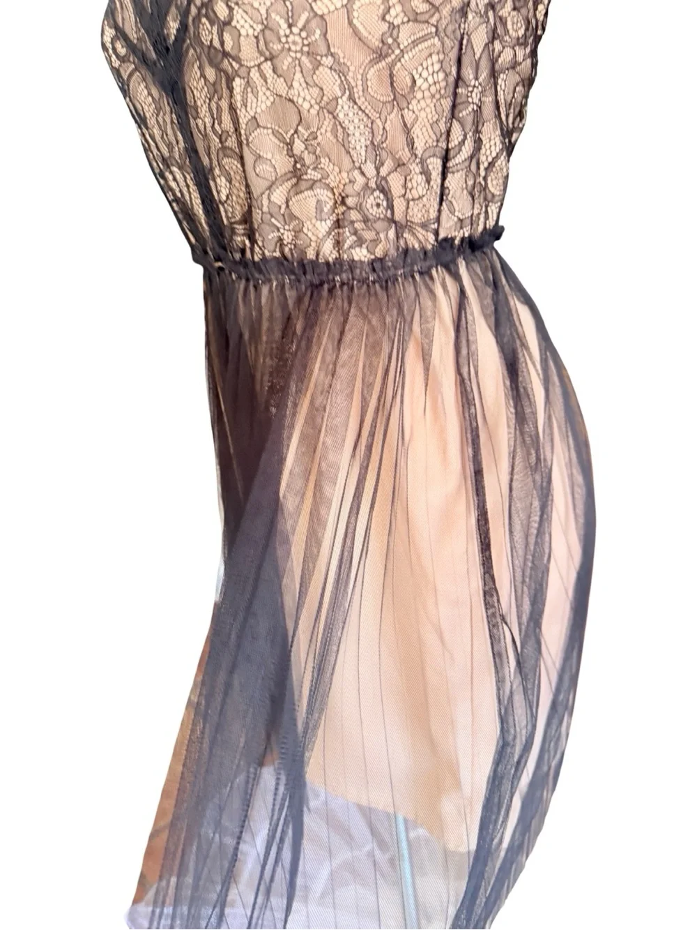 Pins & Needles Black Blush Lace Tulle Babydoll Mini Dress Keyhole Back Sz S - Picture 5 of 9